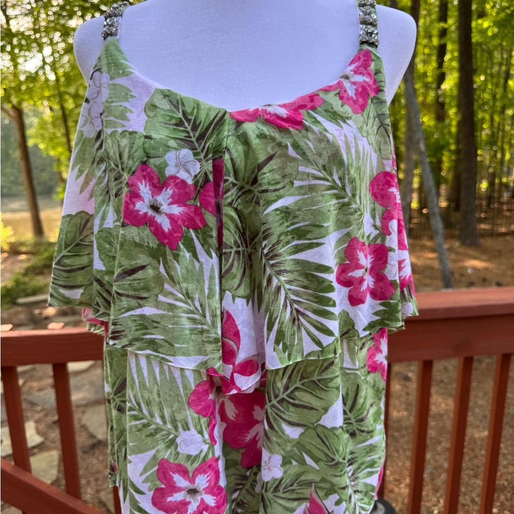 INC sequined Tropical Floral Layered Top